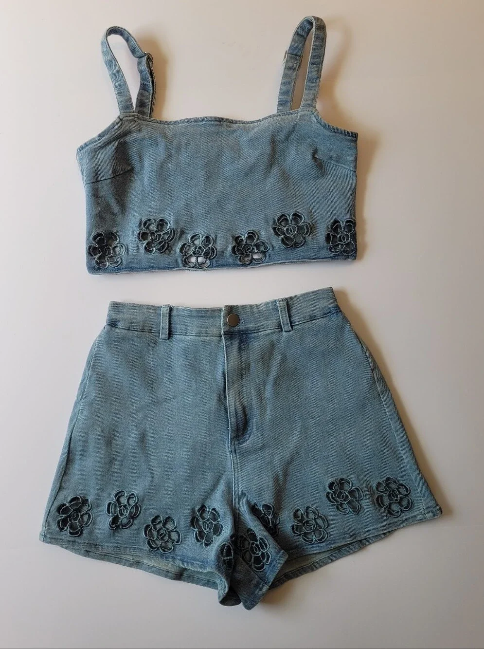 Blue Blush Floral Embroidered Denim Matching Set Crop Top & Shorts Small